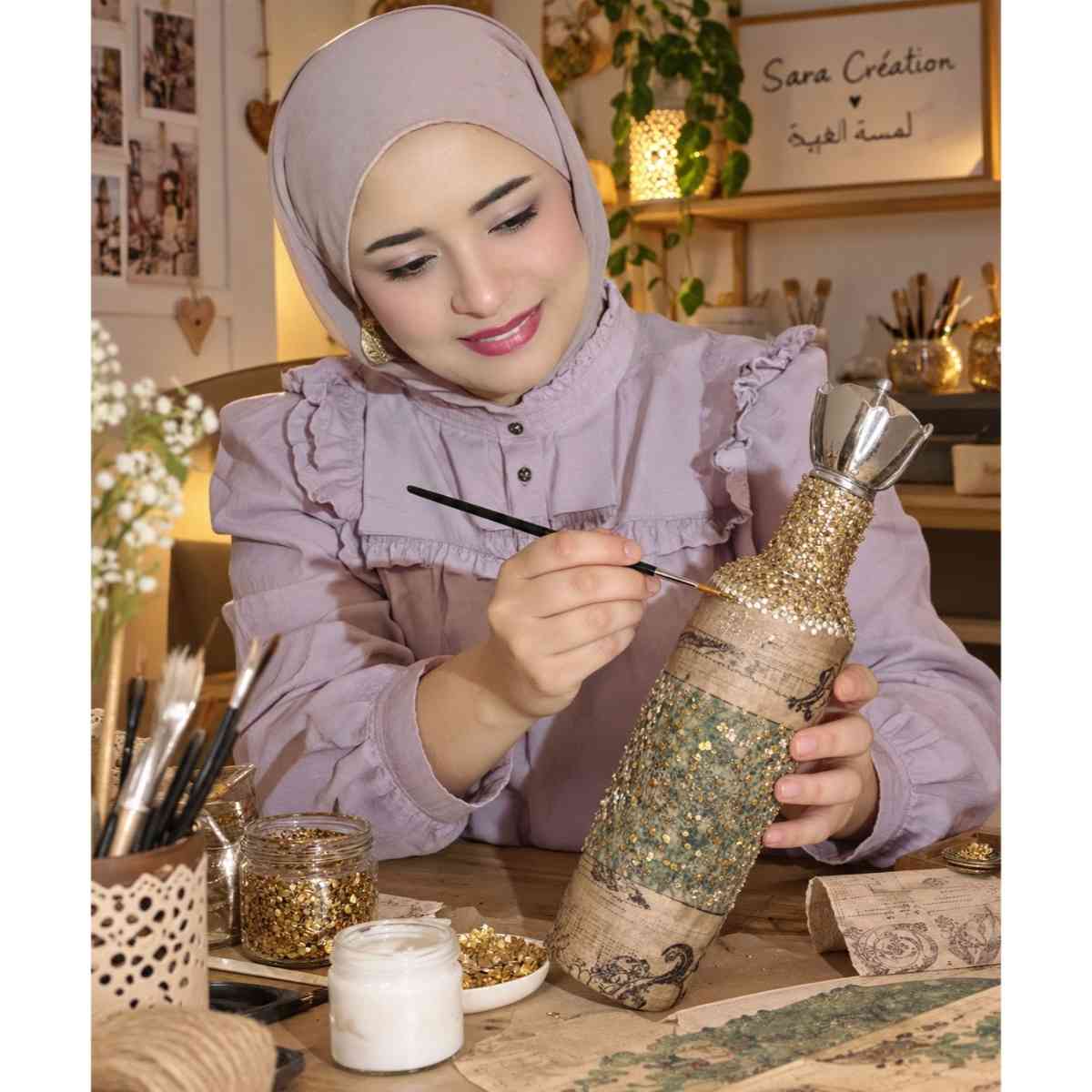 Bouteille décorative chic pailletée dorée pour un intérieur élégant