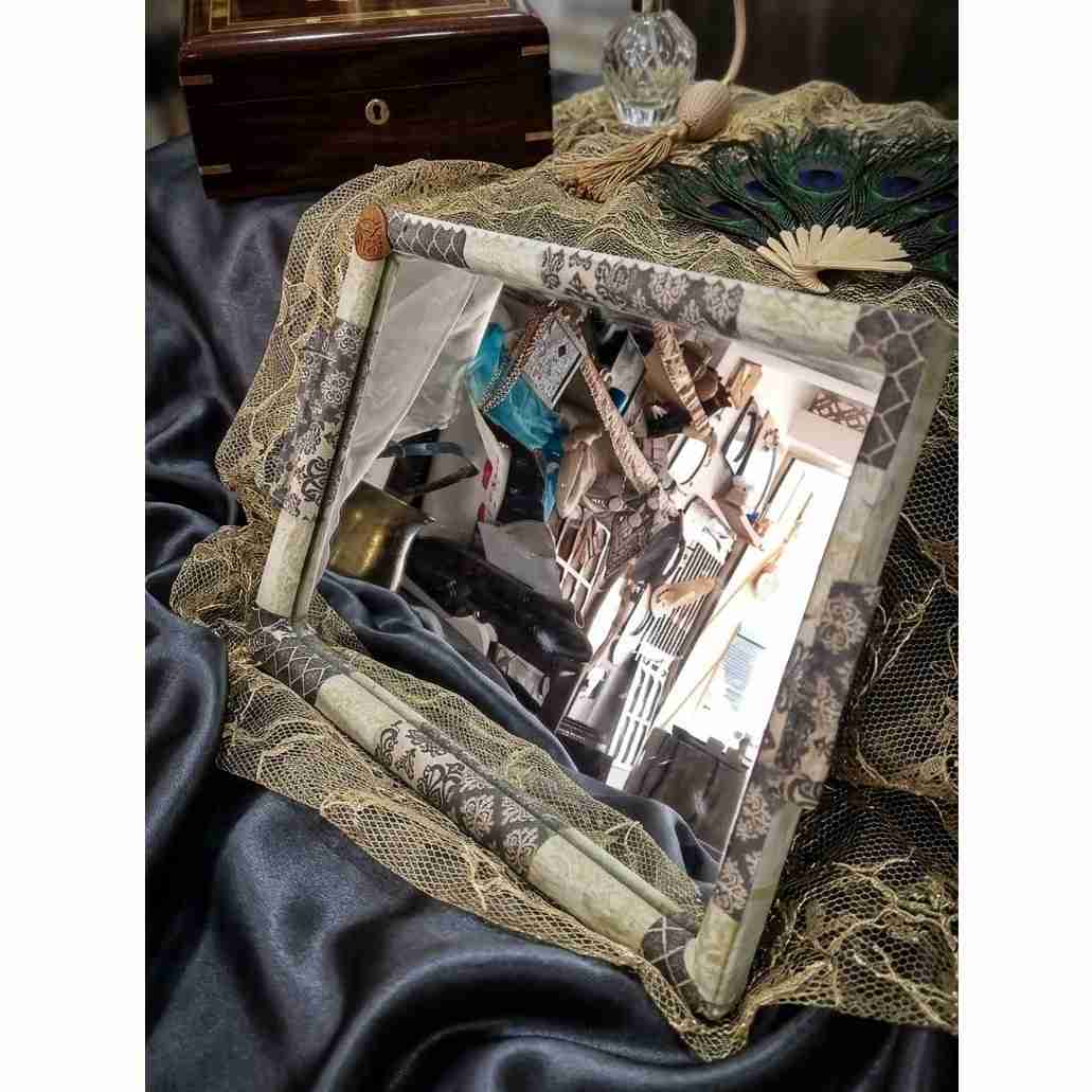 plateau en bois gris avec miroir design arabesque exclusif