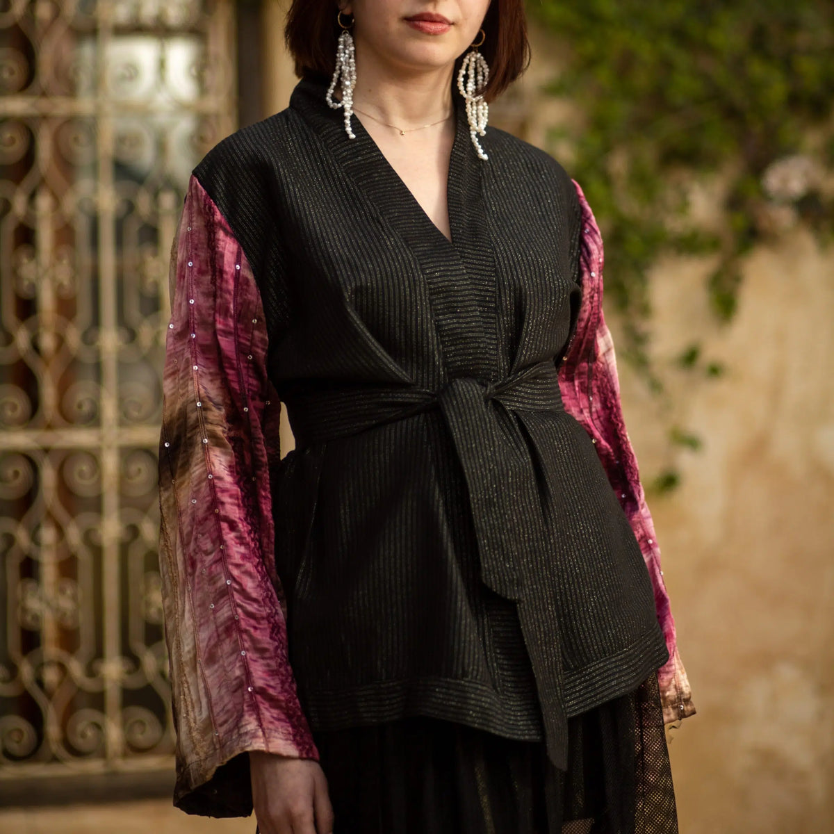 Kimono court à rayures avec manches colorées dégradées