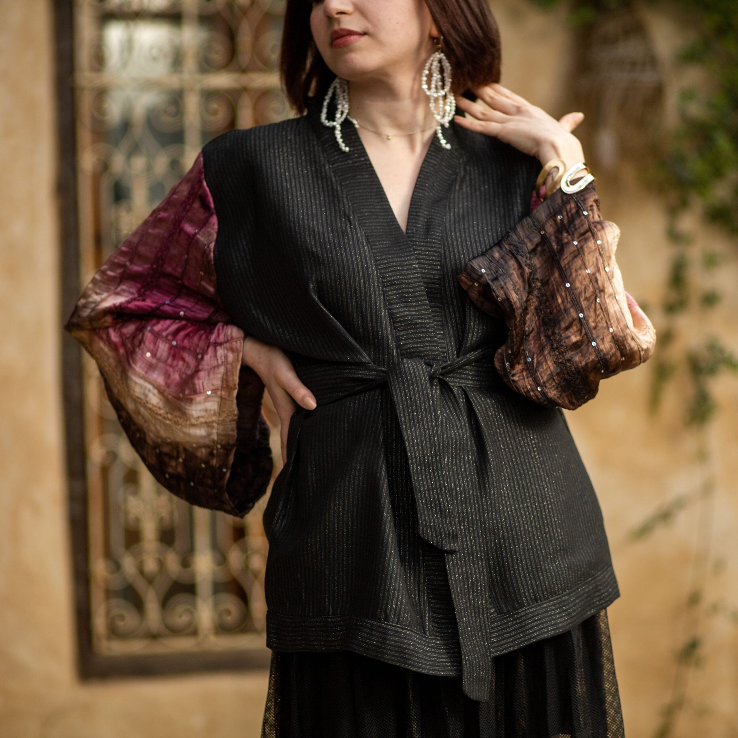 Kimono court à rayures avec manches colorées dégradées