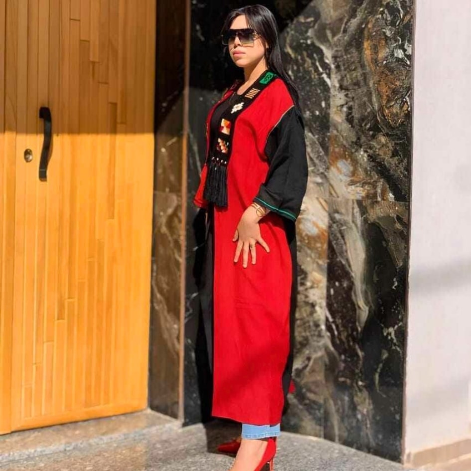 Kimono rouge long brodé à la main (Hayek, Lin ou Laine) - Taille standard - artisanat Tunisien fait main | ILEYCOM