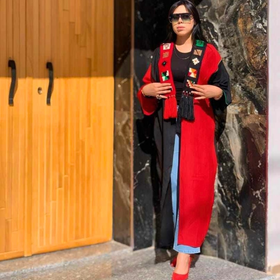 Kimono rouge long brodé à la main (Hayek, Lin ou Laine) - Taille standard - artisanat Tunisien fait main | ILEYCOM