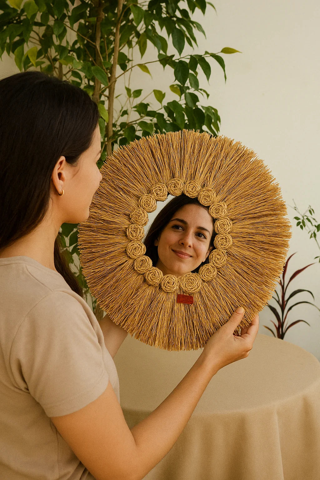 Miroir mural en halfa brut Miroir handmade, Miroir en halfa fait main, Miroir avec cercles moderne