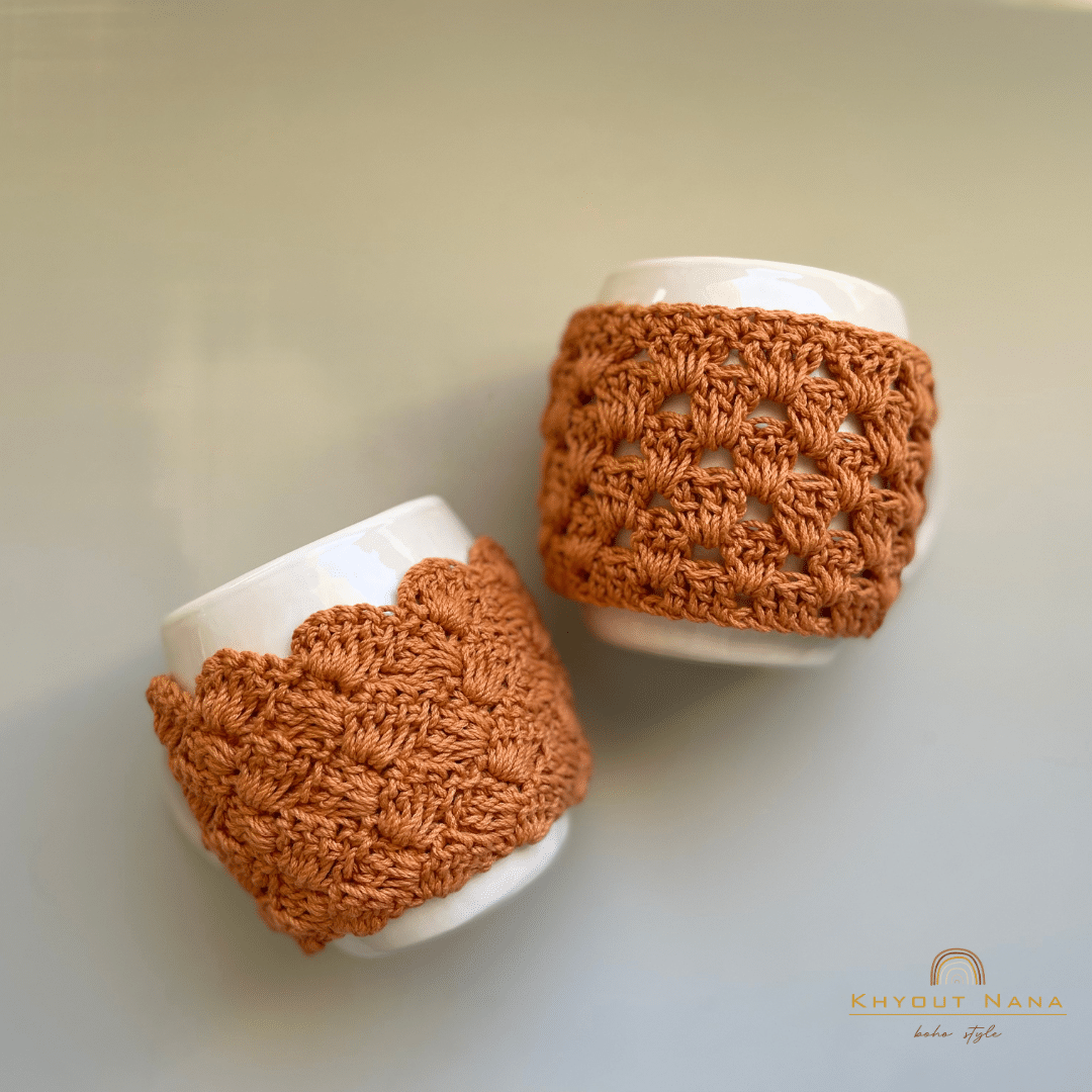 Mug with multi-colored crochet mug cover