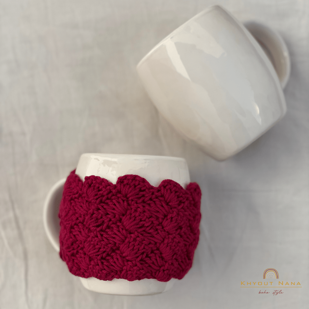 Mug with multi-colored crochet mug cover