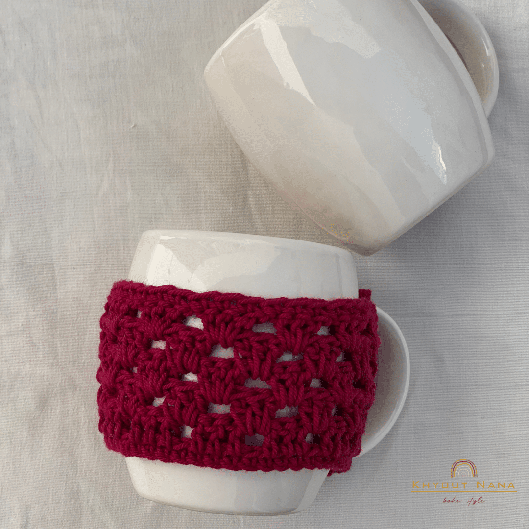 Mug with multi-colored crochet mug cover