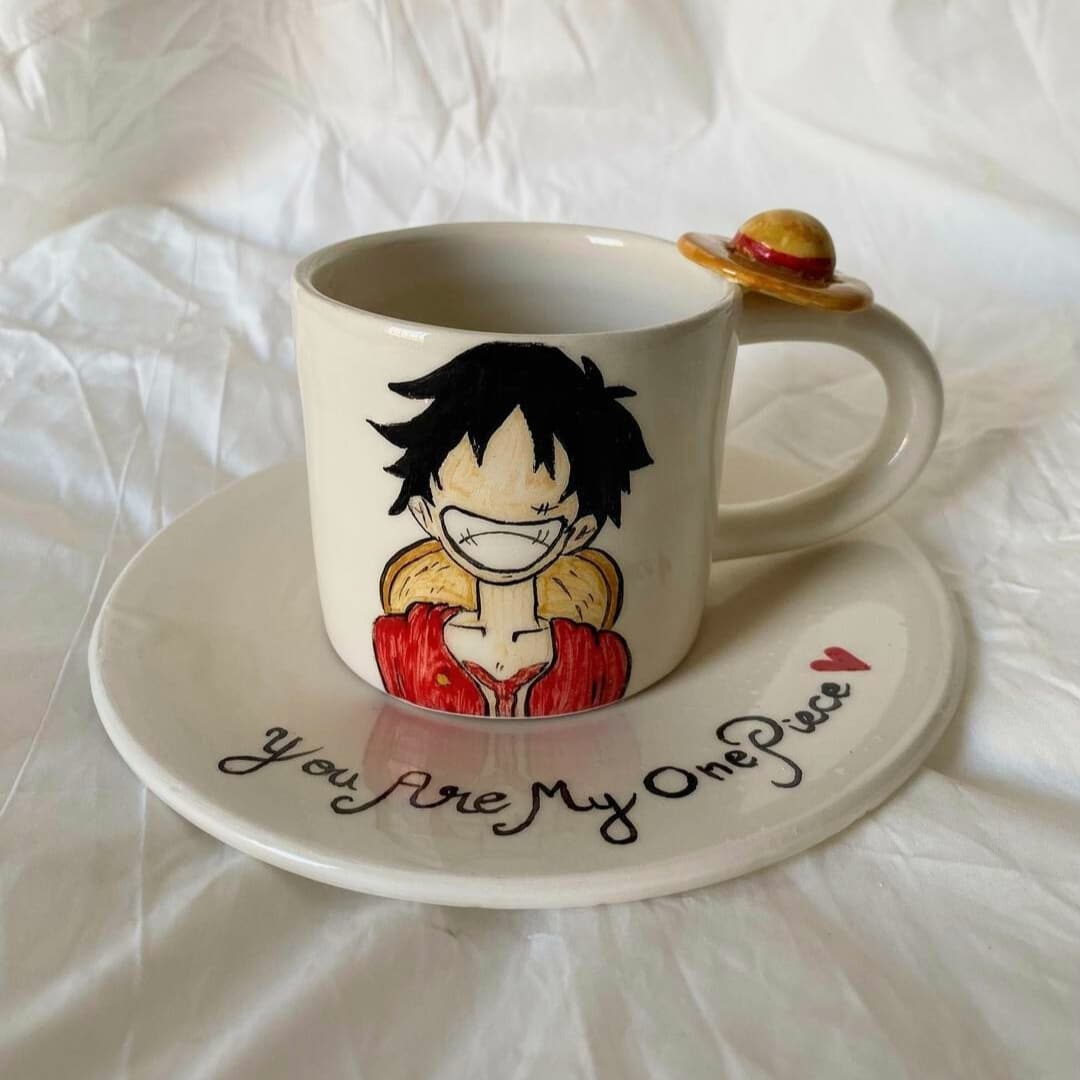 Mug et sous-tasse en céramique "One Piece Luffy" - artisanat Tunisien fait main | ILEYCOM