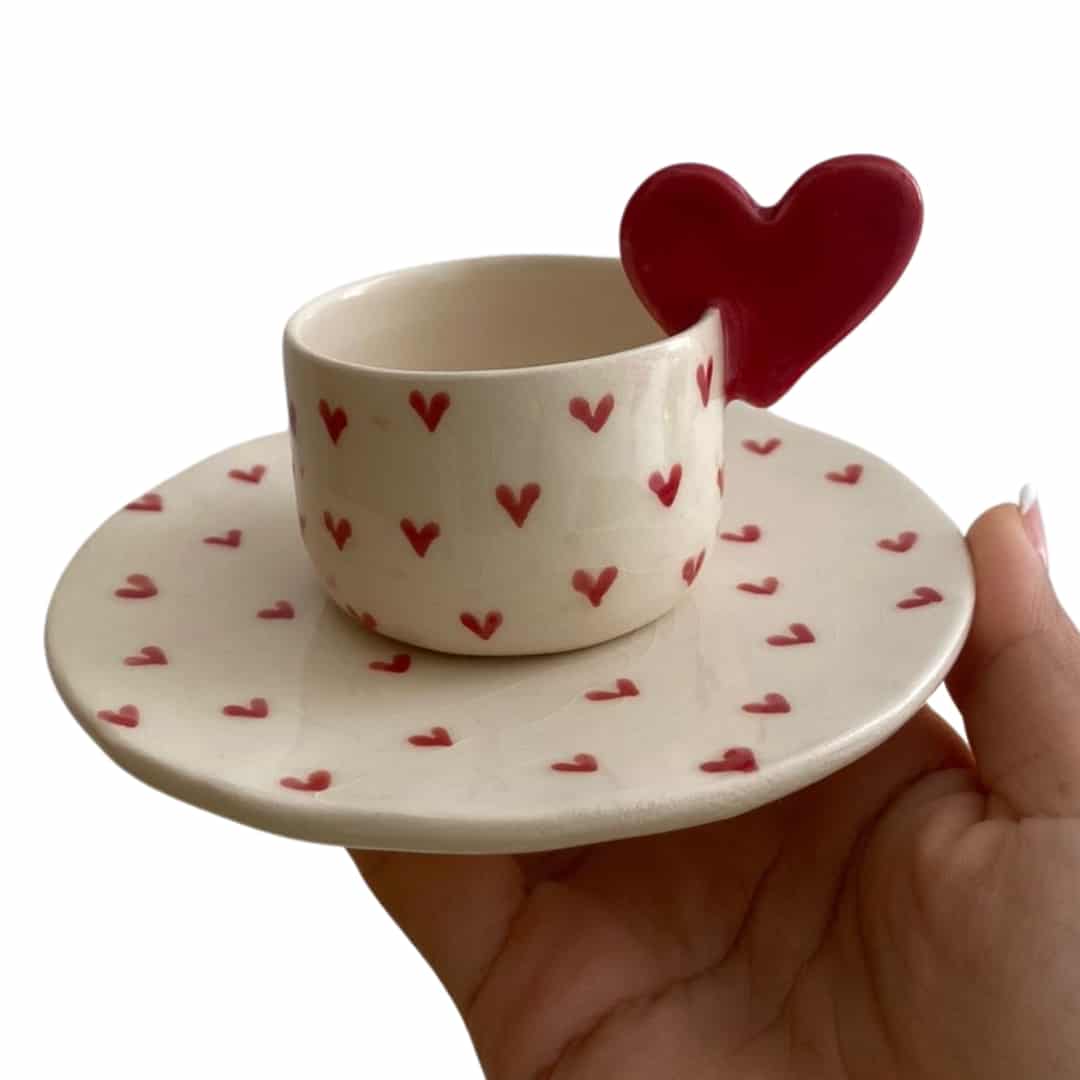 Mug "heart" en céramique fait main avec assiette pour café turc ou espresso - artisanat Tunisien fait main | ILEYCOM