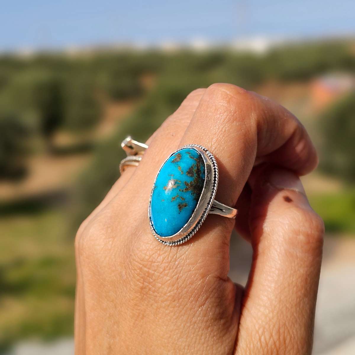 Bague turquoise naturelle en argent 925 taille ajustable