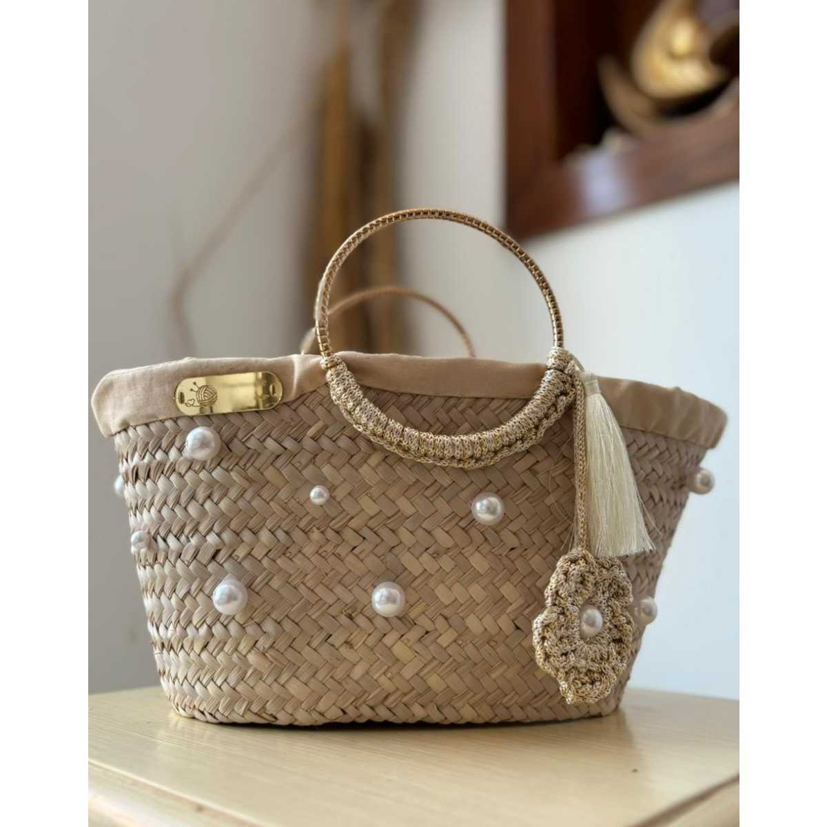 Couffin paille beige décoré de perles et crochet premium