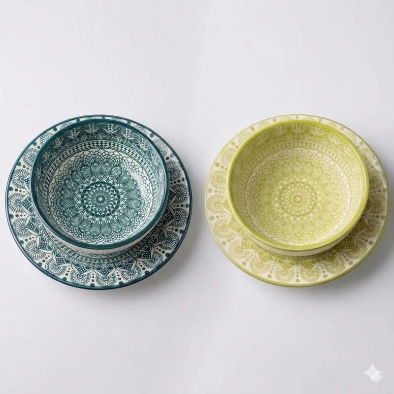 Service de Table Céramique Mandala Vert Élégant - Style Méditerranéen
