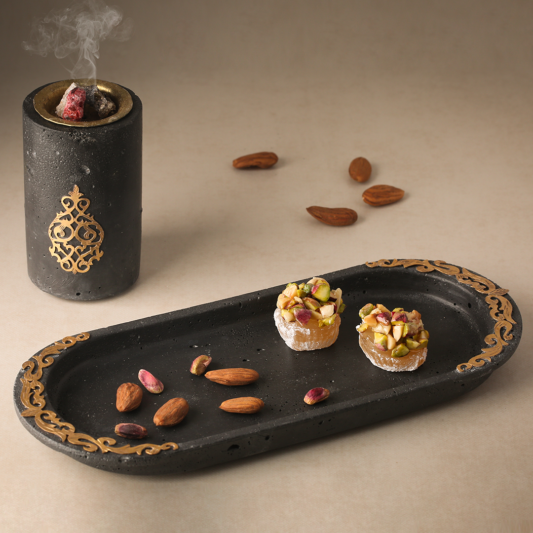 Pack Ramadan avec plateau en béton décoré et brûleur d’encens - artisanat Tunisien fait main | ILEYCOM