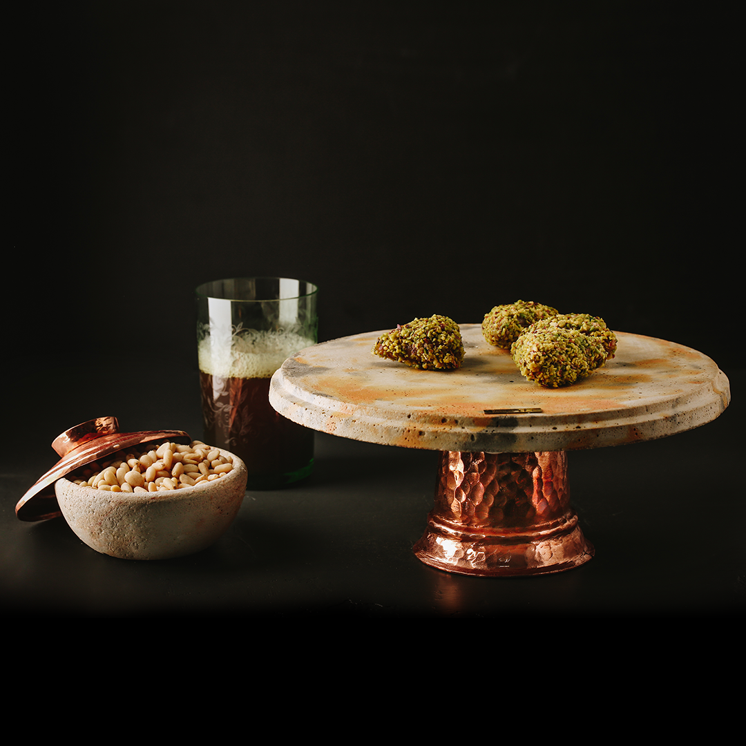 Pack Thé – Présentoir en béton marbré & bol en cuivre avec couvercle - artisanat Tunisien fait main | ILEYCOM
