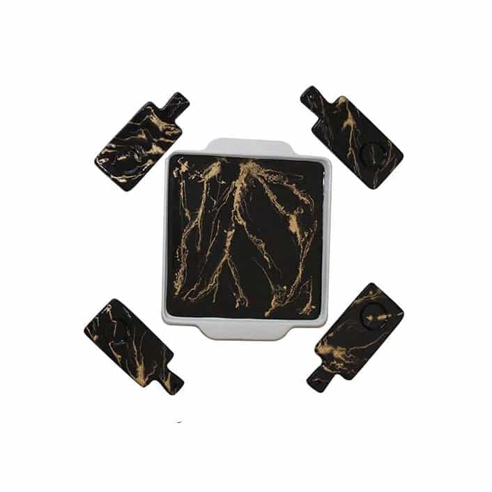 Pack plateau et quatre Sous Tasses noir et doré en céramique et résine
