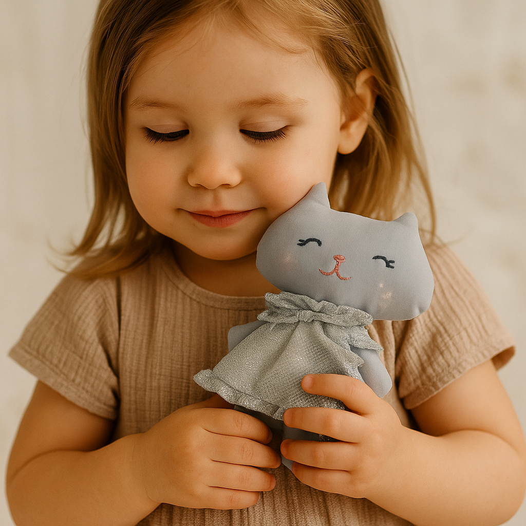 Doudou chat artisanal en robe argentée