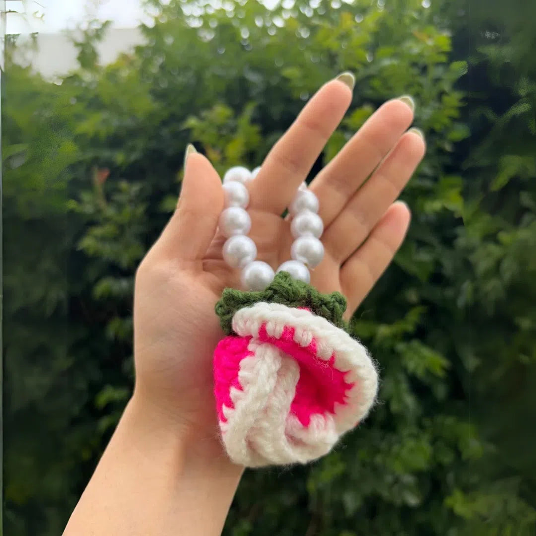 Porte-clé fleur rose vif crochet – Fait main