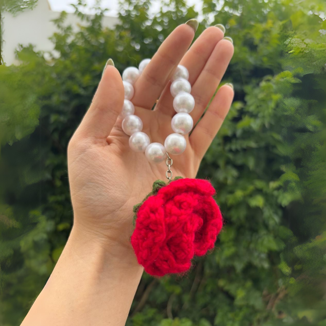 Porte-clé fleur crochet rouge – Fait main