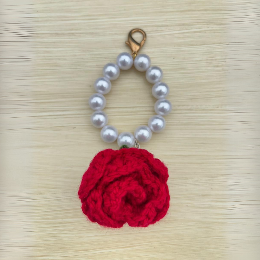 Porte-clé fleur crochet rouge – Fait main