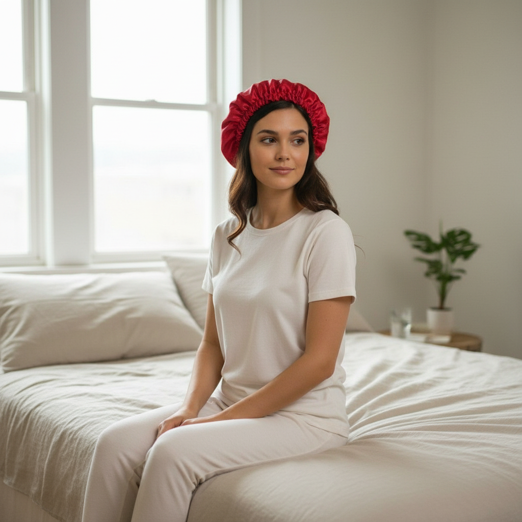 Bonnet Nuit Satin Rouge Élégant - Luxe et Protection Capillaire
