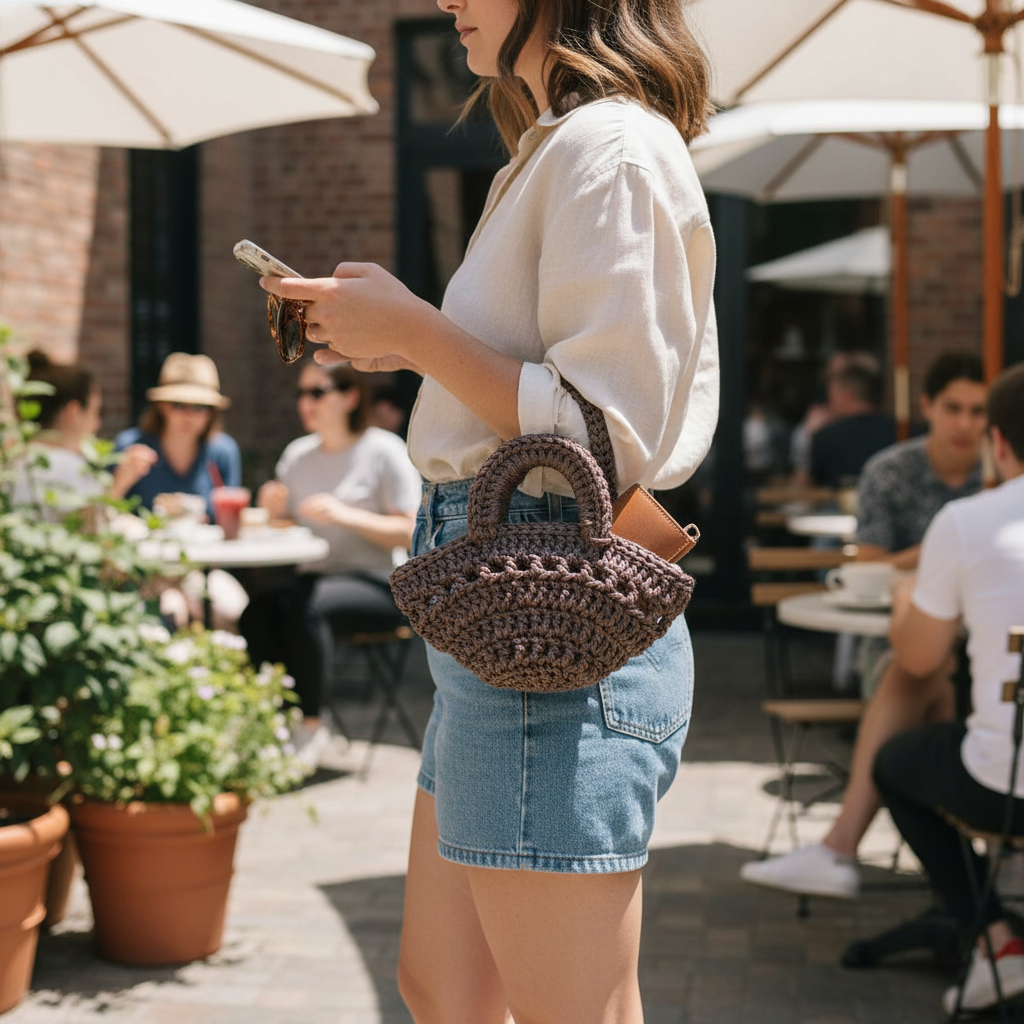 Mini Sac Tressé Crochet Artisanal Marron - Élégance Éco-Responsable