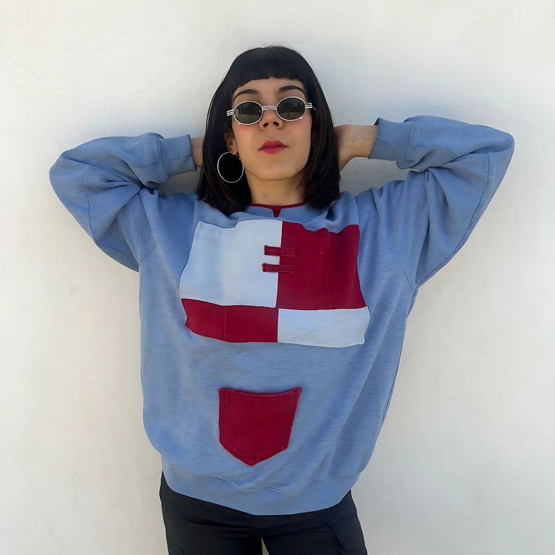 Pull oversize bleu unisexe en coton & denim upcyclé - artisanat Tunisien fait main | ILEYCOM