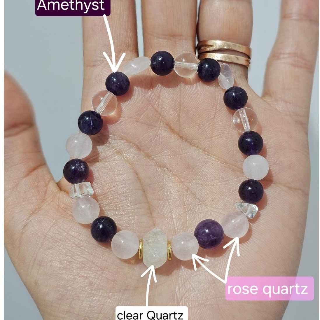 "The Libra Love"; bracelet Femme Balance en quartz rose,cristal de roche et améthyste