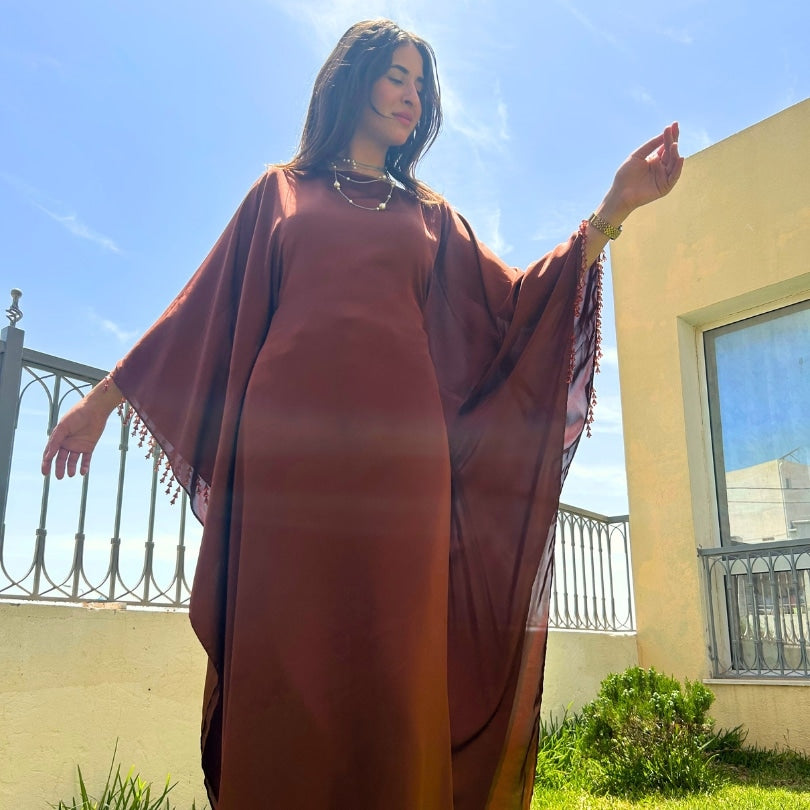 Robe marron longue satin (création unique) - artisanat Tunisien fait main | ILEYCOM