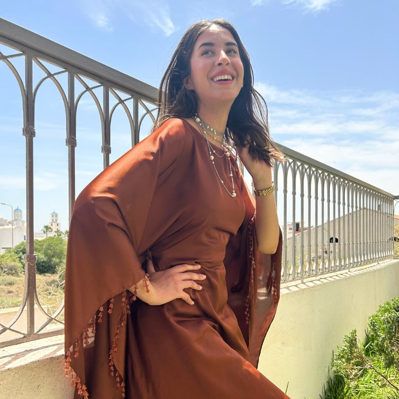 Robe marron longue satin (création unique) - artisanat Tunisien fait main | ILEYCOM