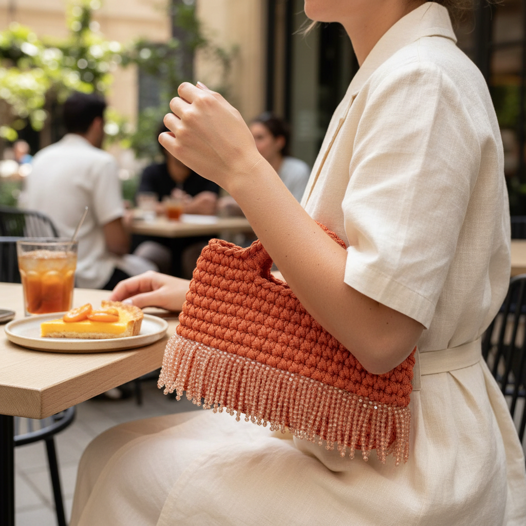 Sac bandoulière orange tissé main - éclat art — vue détaillée. Artisanat tunisien.