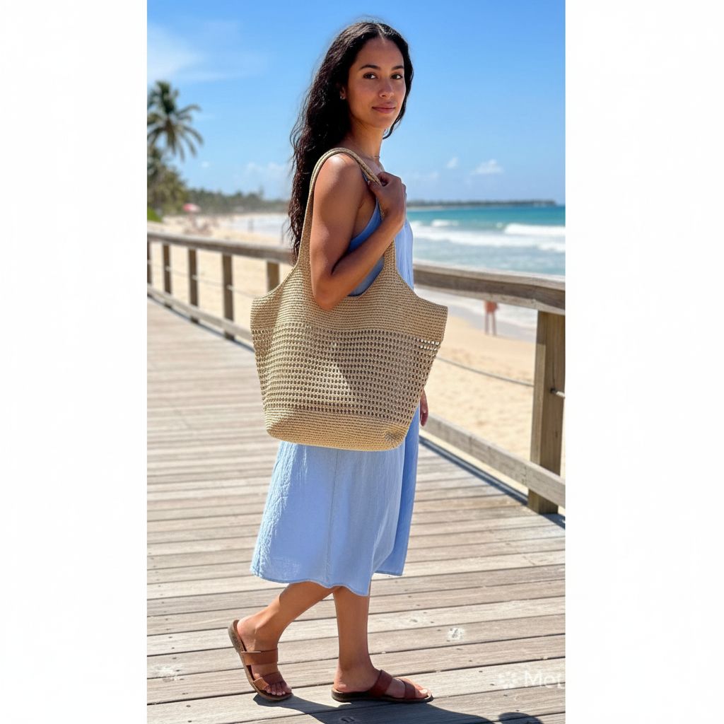 Sac de plage beige taille m un must have pour — vue détaillée. Artisanat tunisien.