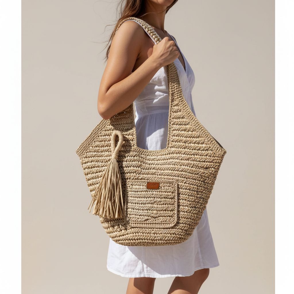 Sac de plage en fil raphia beige chic pour vos escapades estivales