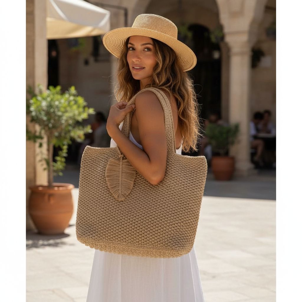 Sac de plage en jute beige taille m pour un s — vue détaillée. Artisanat tunisien.