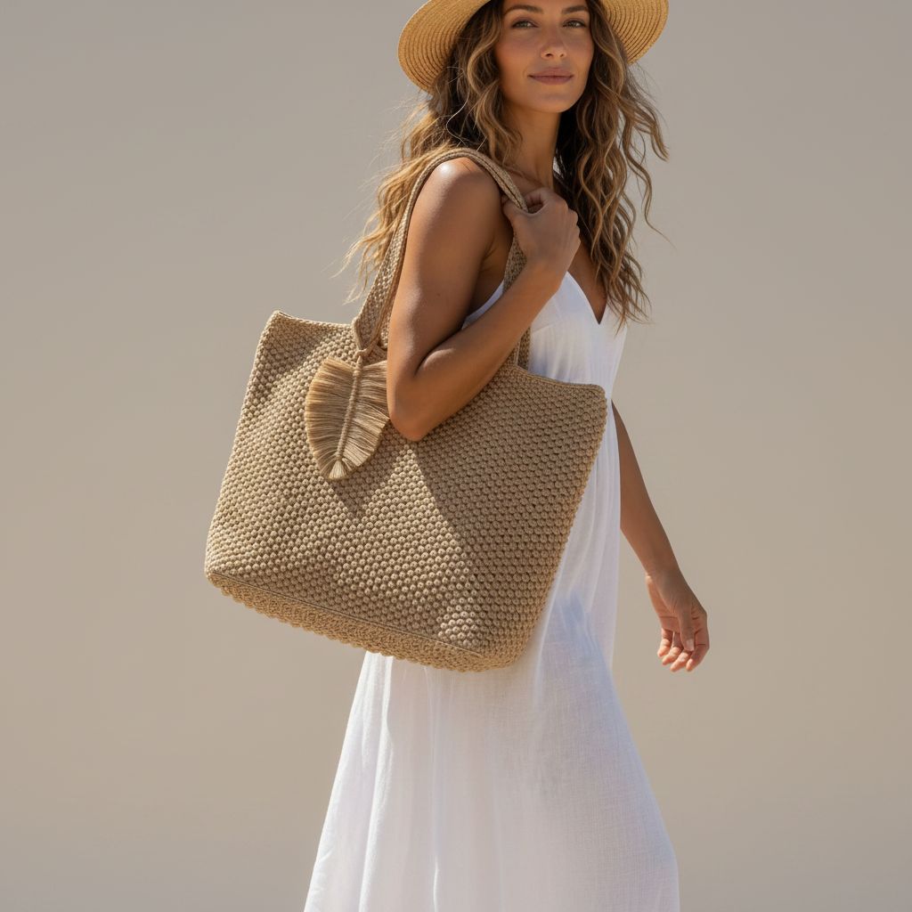 Sac artisanal Tunisie — sac de plage en jute beige taille m pour un s. Fabriqué à la main en Tunisie.