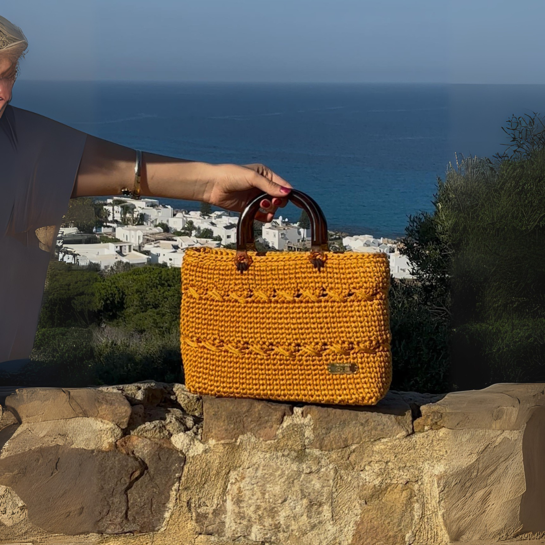sac en crochet jaune motarde handmade