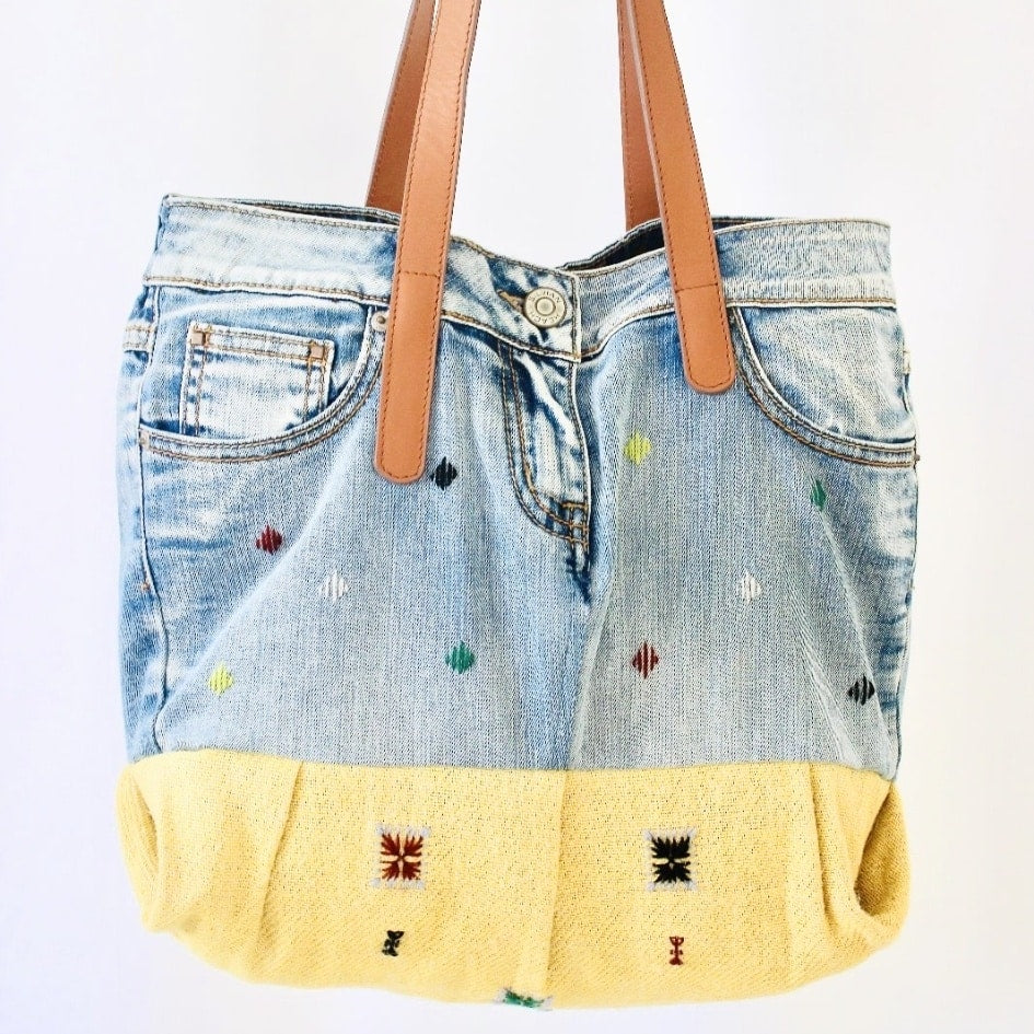 Sac en Jeans Recyclé et Coton Tissé à la Main – Anses en Cuir - artisanat Tunisien fait main | ILEYCOM