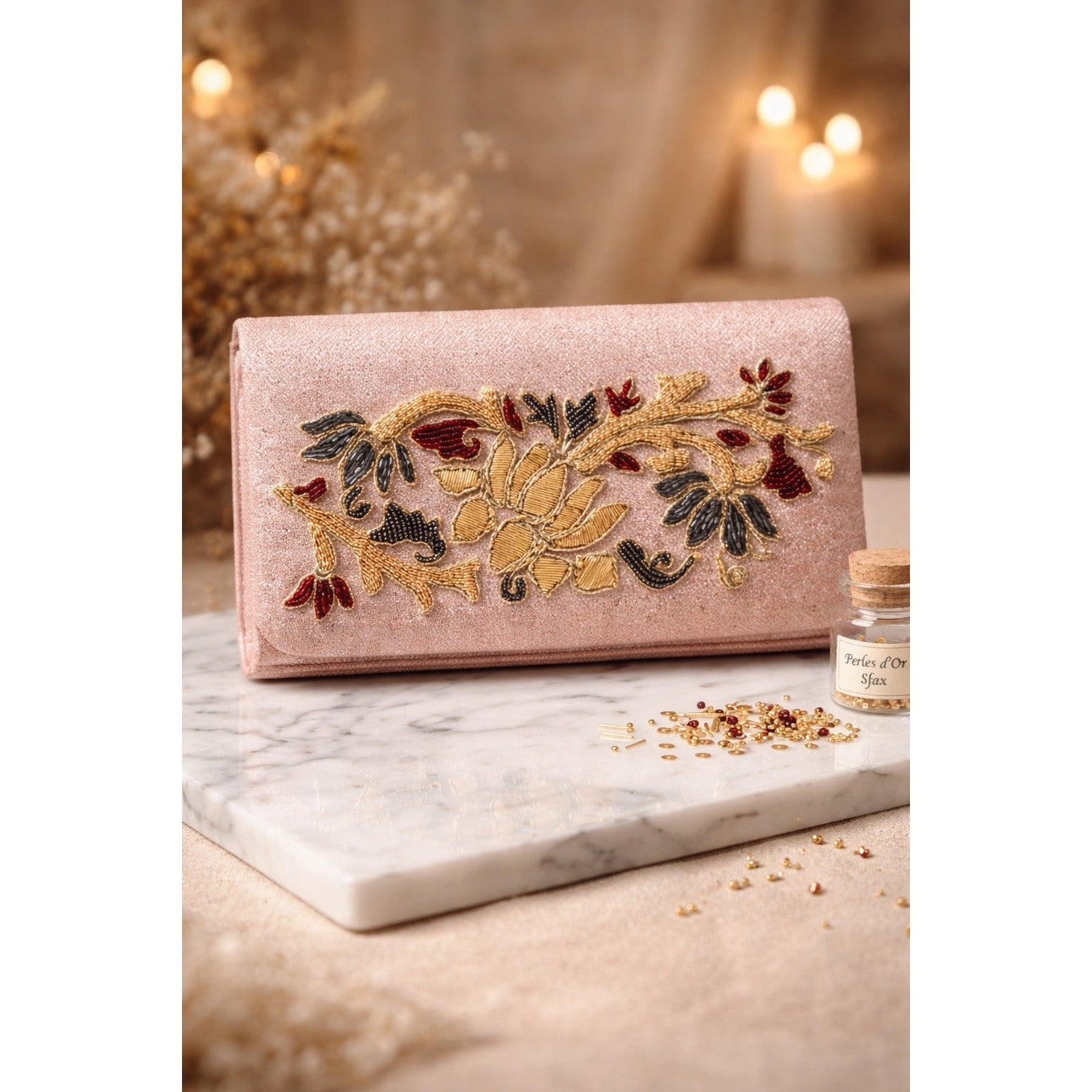 Pochette brodée dorée unique pour un style irrésistible