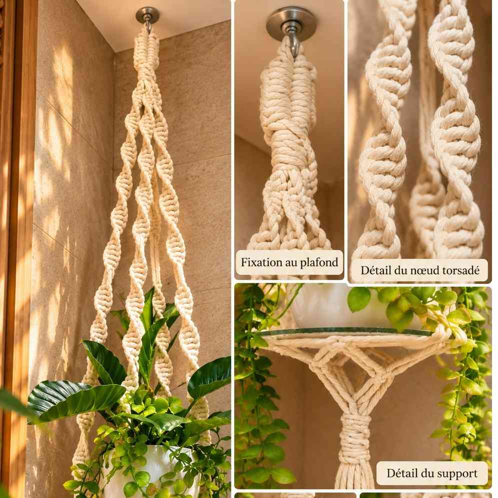 Porte plante macramé beige en coton naturel pour un intérieur chic