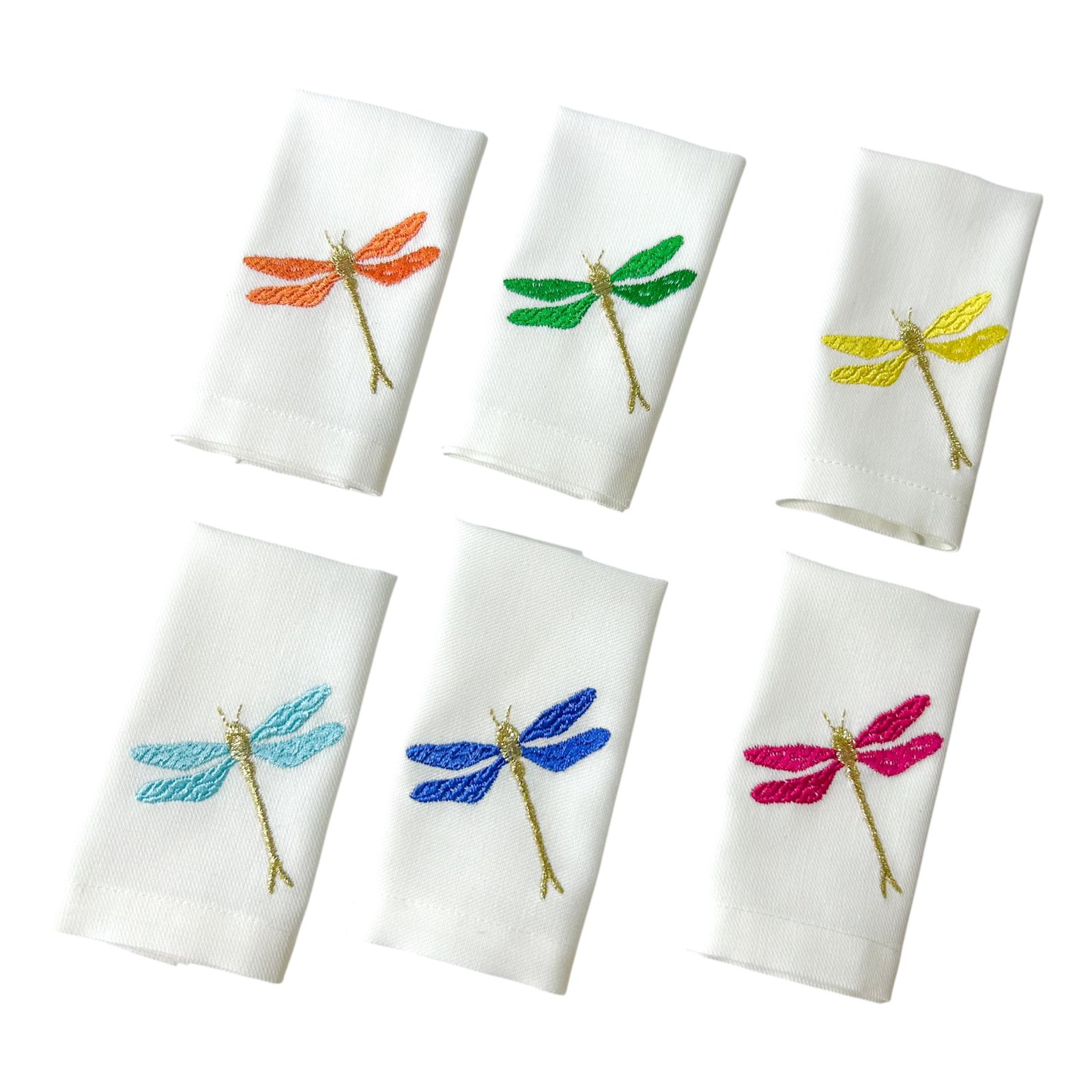 Verres à thé avec serviettes brodées au motif de Libellules multicolores -