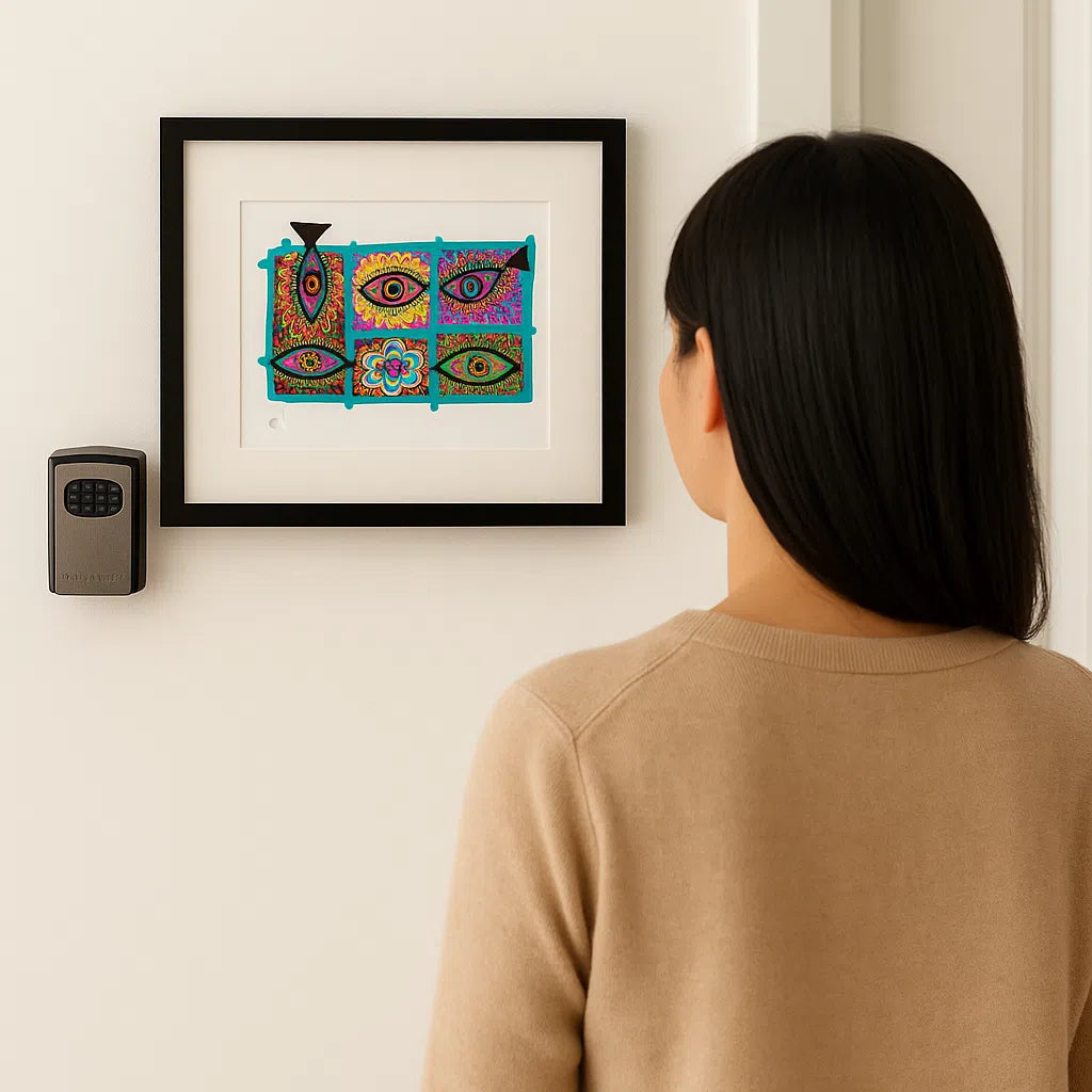Tableau mural Poissons & Œil Protecteur – Œuvre colorée 20 x 25 cm