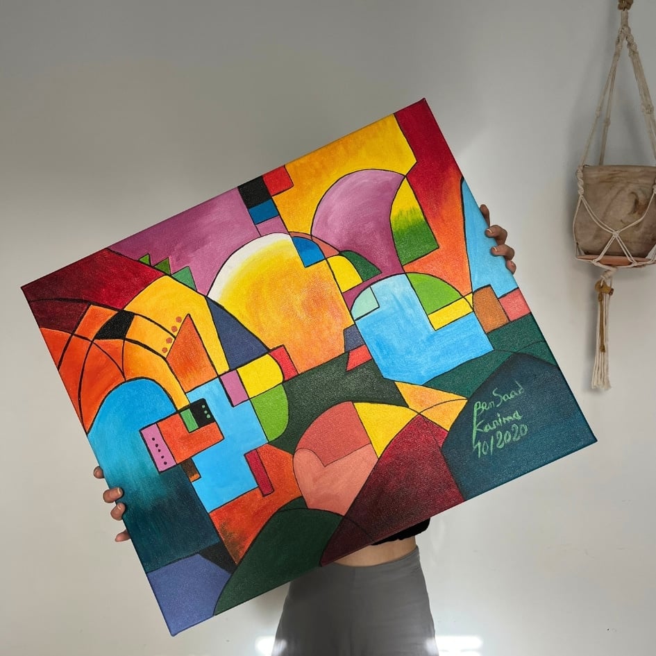 Tableau décoratif multicolore peinture acrylique sur toile 50x50 cm - artisanat Tunisien fait main | ILEYCOM