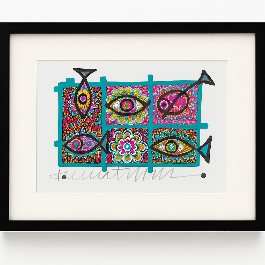 Tableau mural Poissons & Œil Protecteur – Œuvre colorée 20 x 25 cm