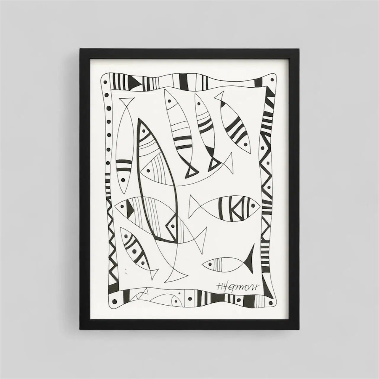 Tableau Poissons abstrais noir et blanc - Cadre en bois