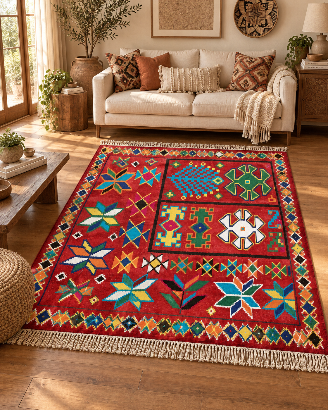 Tapis ethnique rouge XL pour un intérieur chic et chaleureux