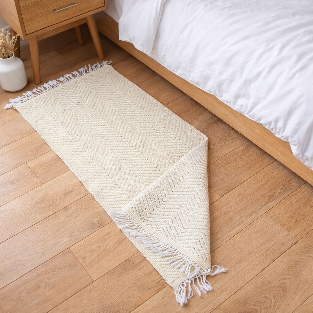 Tapis - Descente de lit réversible en laine coté beige et côté bleu et beige – 75 x 115 cm