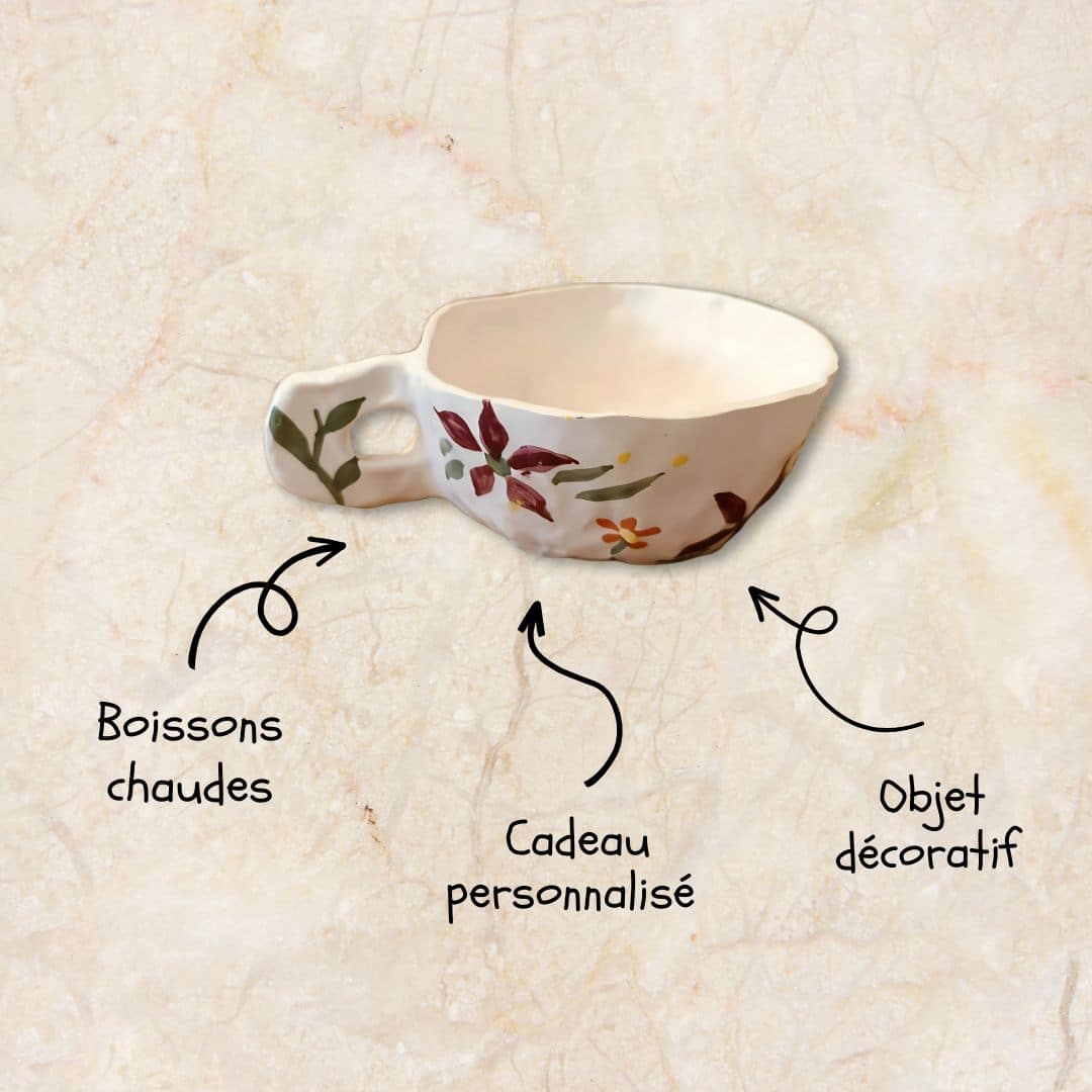 Tasse céramique avec motifs floraux peints à la main (9 x 6 cm) - artisanat Tunisien fait main | ILEYCOM