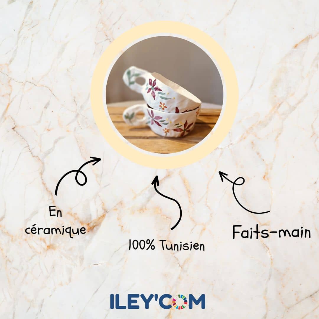 Tasse céramique avec motifs floraux peints à la main (9 x 6 cm) - artisanat Tunisien fait main | ILEYCOM