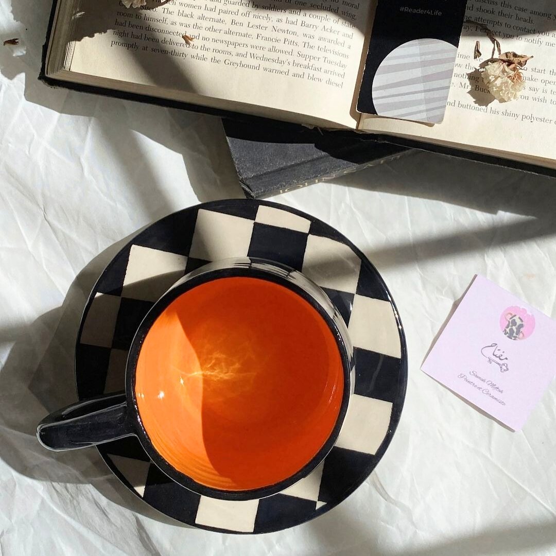 Tasse XL en Céramique avec Sous-Tasse, Motif Carreaux – Grand Mug - artisanat Tunisien fait main | ILEYCOM