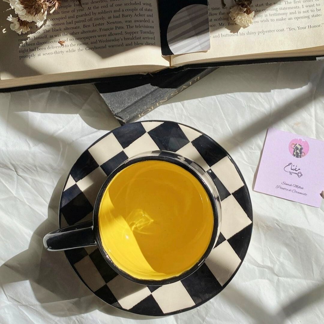 Tasse XL en Céramique avec Sous-Tasse, Motif Carreaux – Grand Mug - artisanat Tunisien fait main | ILEYCOM