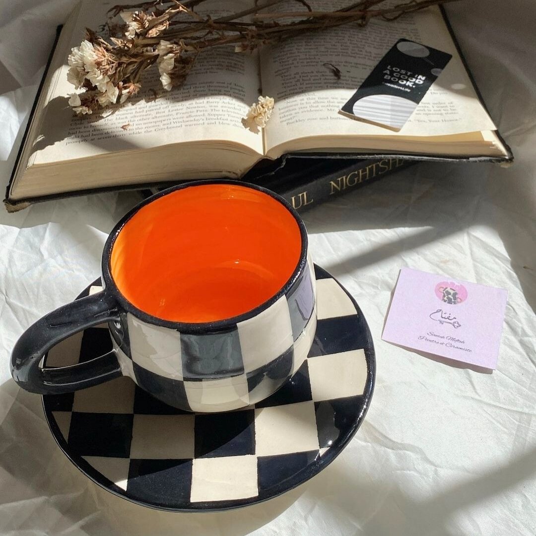 Tasse XL en Céramique avec Sous-Tasse, Motif Carreaux – Grand Mug - artisanat Tunisien fait main | ILEYCOM