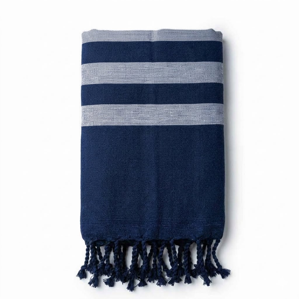 Fouta éponge bleu marine rayée